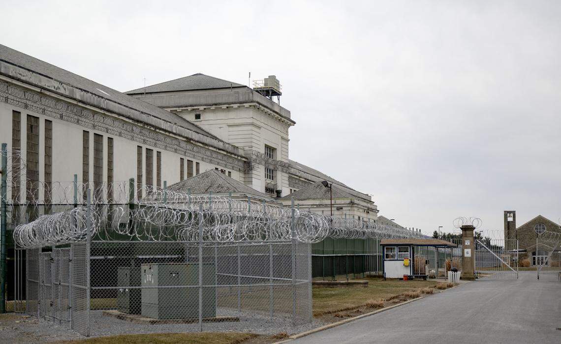 A pathway and guard booths outside of D Block at Rockview state prison on Monday, March 2, 2026.
