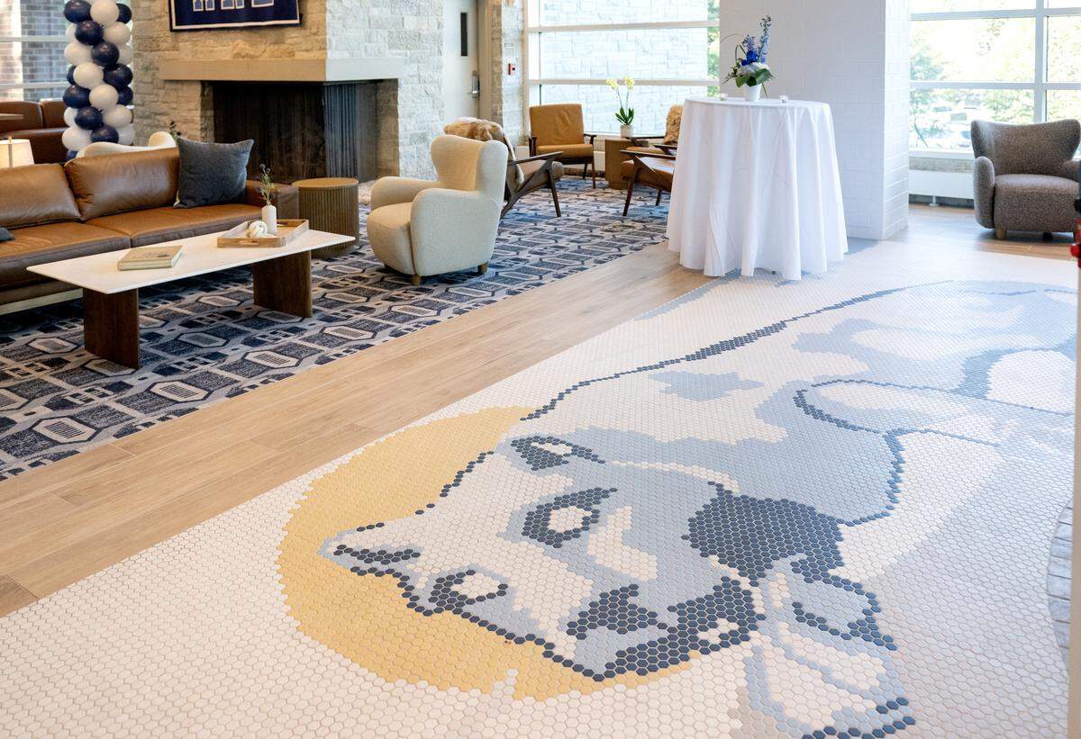 A mosaic of the Nittany Lion greets visitors to the Penn Stater Hotel and Conference Center on Thursday, Oct. 9, 2025.  