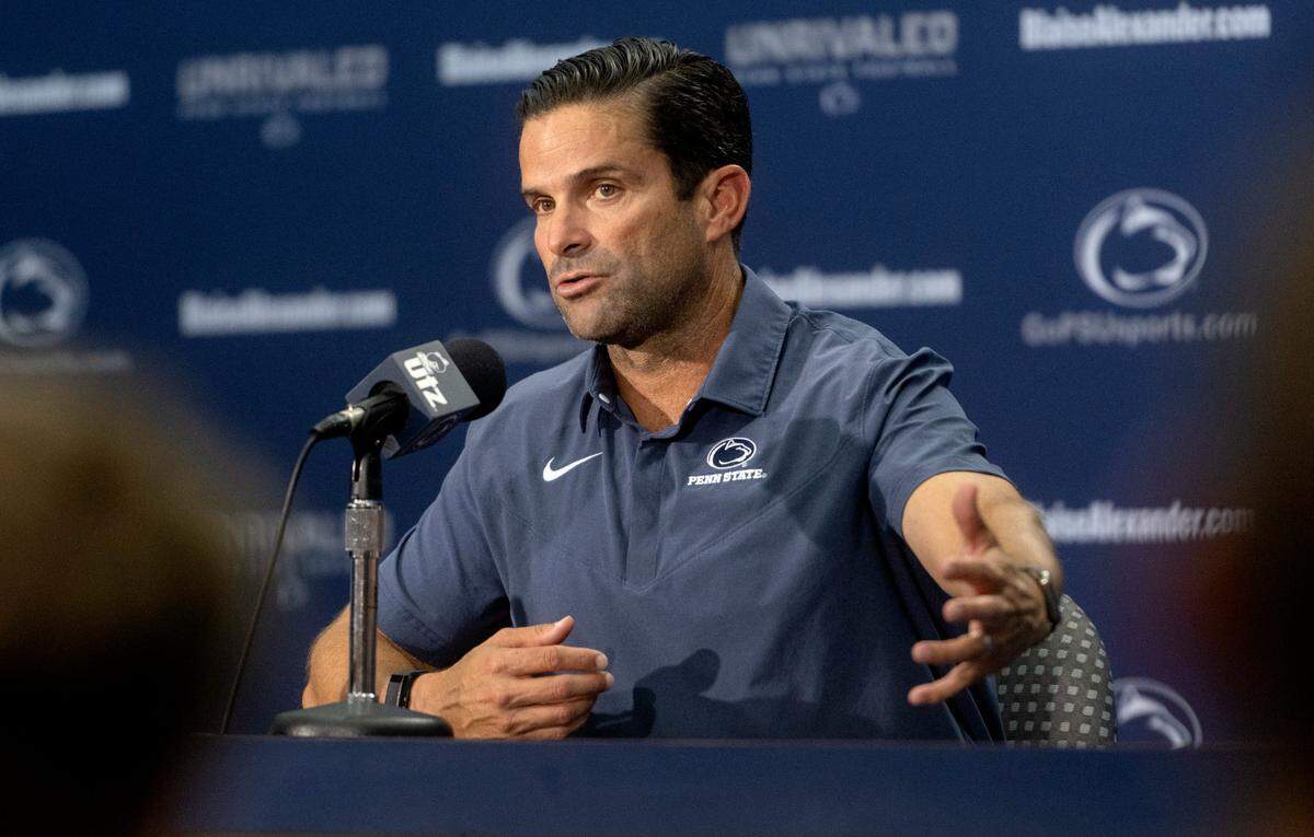 Penn State defensive coordinator Manny Diaz answers questions during media day on Saturday, Aug. 6, 2022.