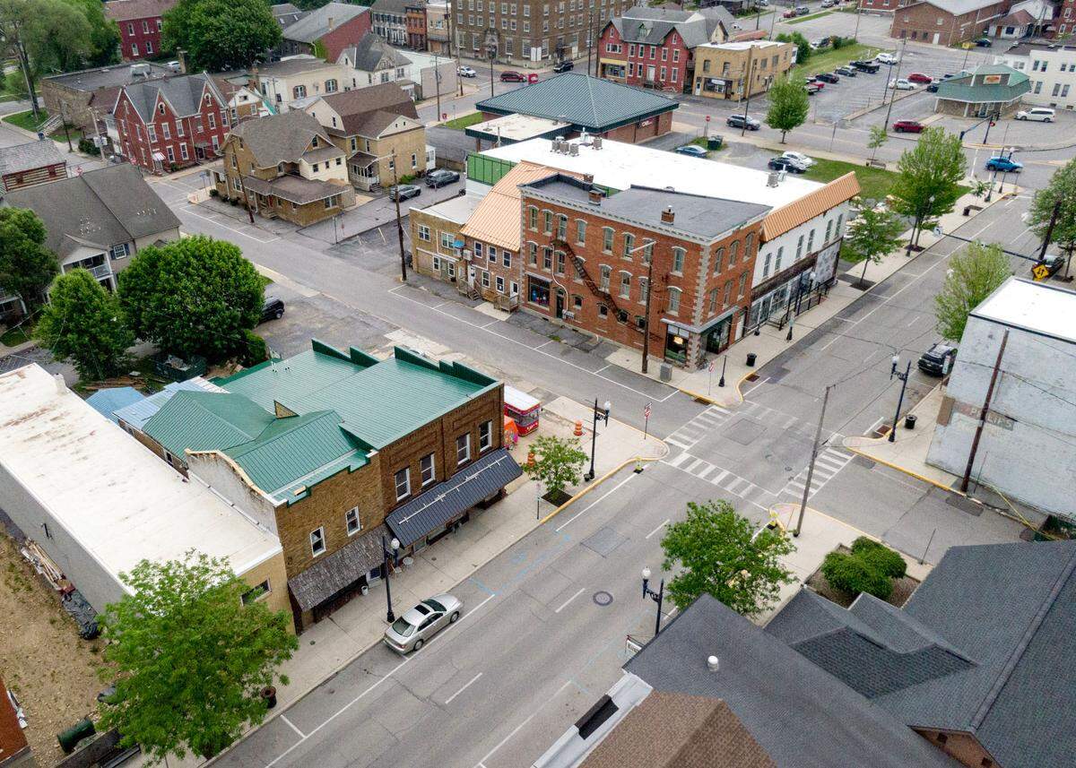 An aerial view of North Front Street in Philipsburg on May 22, 2024.