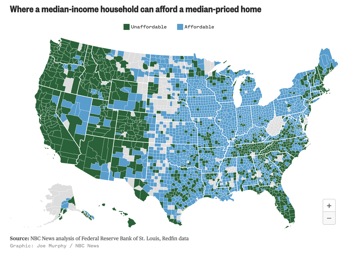 This NBC News visualization shows where a median-income household could afford a median-priced home across the U.S.