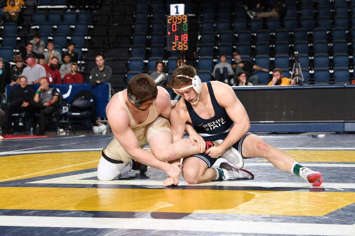 Penn State’s Cole Mirasola battles for positioning with Army West Point’s Lucas Stoddard in their 285-pound finals match of the Southern Scuffle on Saturday in Chattanooga, Tenn. Mirasola shut out Stoddard, 9-0, to earn the crown.