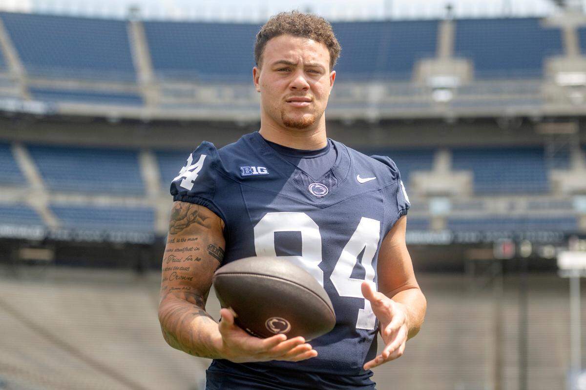 Penn State tight end Theo Johnson poses for a photo during media day on Aug. 6, 2023 in Beaver Stadium.