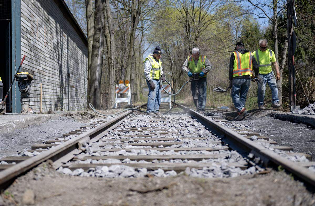 The train tracks that cross Mount Nittany Road by the granary in Lemont have been replaced by members of the Bellefonte Historical Railroad Society, College Township and inmates from Benner state prison on Wednesday, April 8, 2026.  