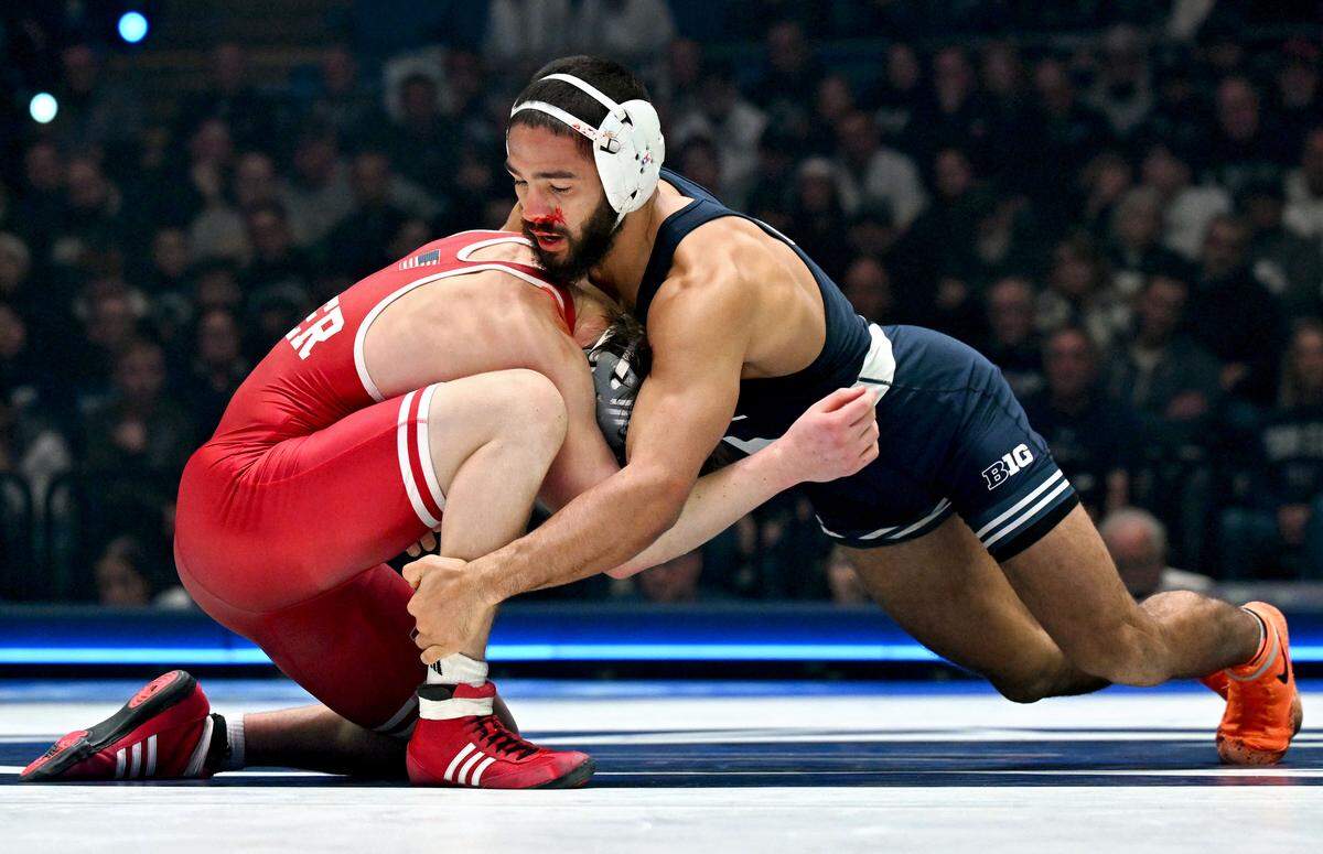 Penn State’s Shayne Van Ness wrestles Nebraska’s Chance Lamer in the 149 lb bout of the match on Friday, Jan. 30, 2026.