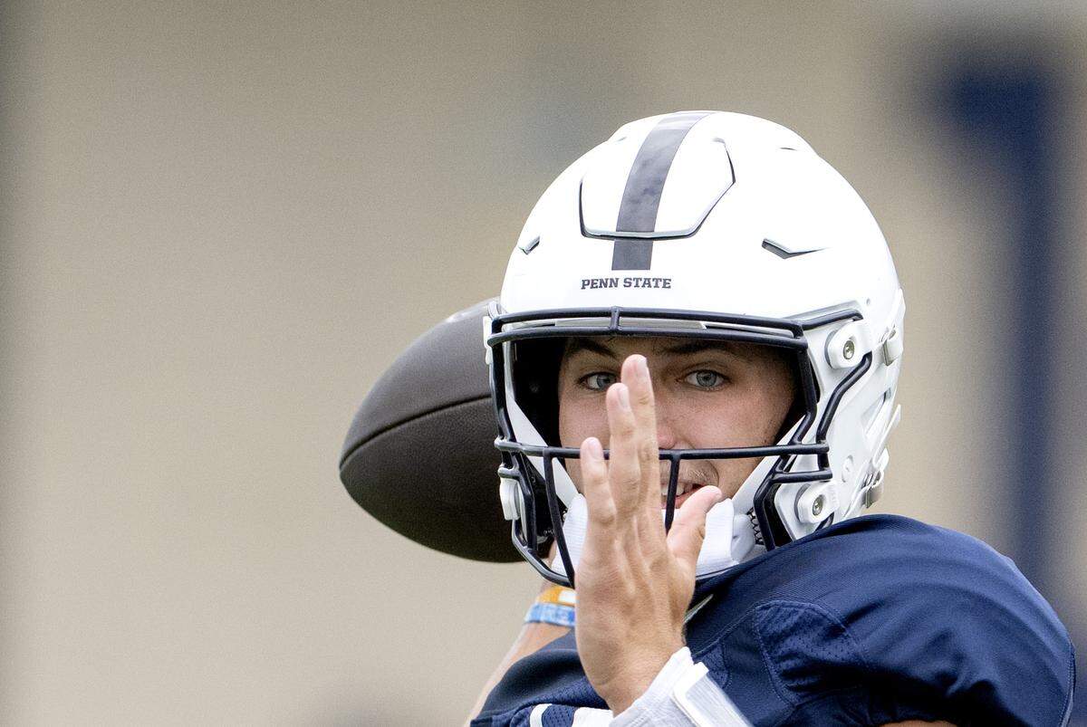 Penn State quarterback Ethan Grunkemeyer makes a pass during practice on Tuesday, Aug. 19, 2025.  