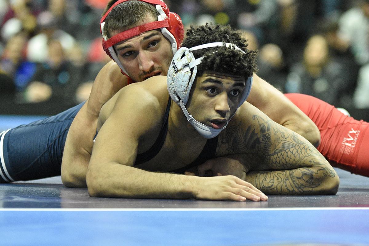 Cornell’s Vito Arujau controls Penn State’s Roman Bravo-Young in their 133-pound finals match of the NCAA Championships on Saturday, March 18, 2023 at the BOK Center in Tulsa, Okla. Arujau beat Bravo-Young, 10-4, to dethrone RBY.