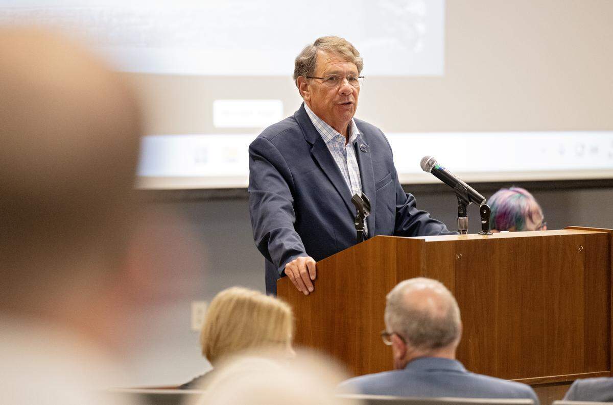 Penn State board of trustees Vice Chariman Richard Sokolov speaks during the Faculty Senate meeting on Tuesday, Sept. 9, 2025.