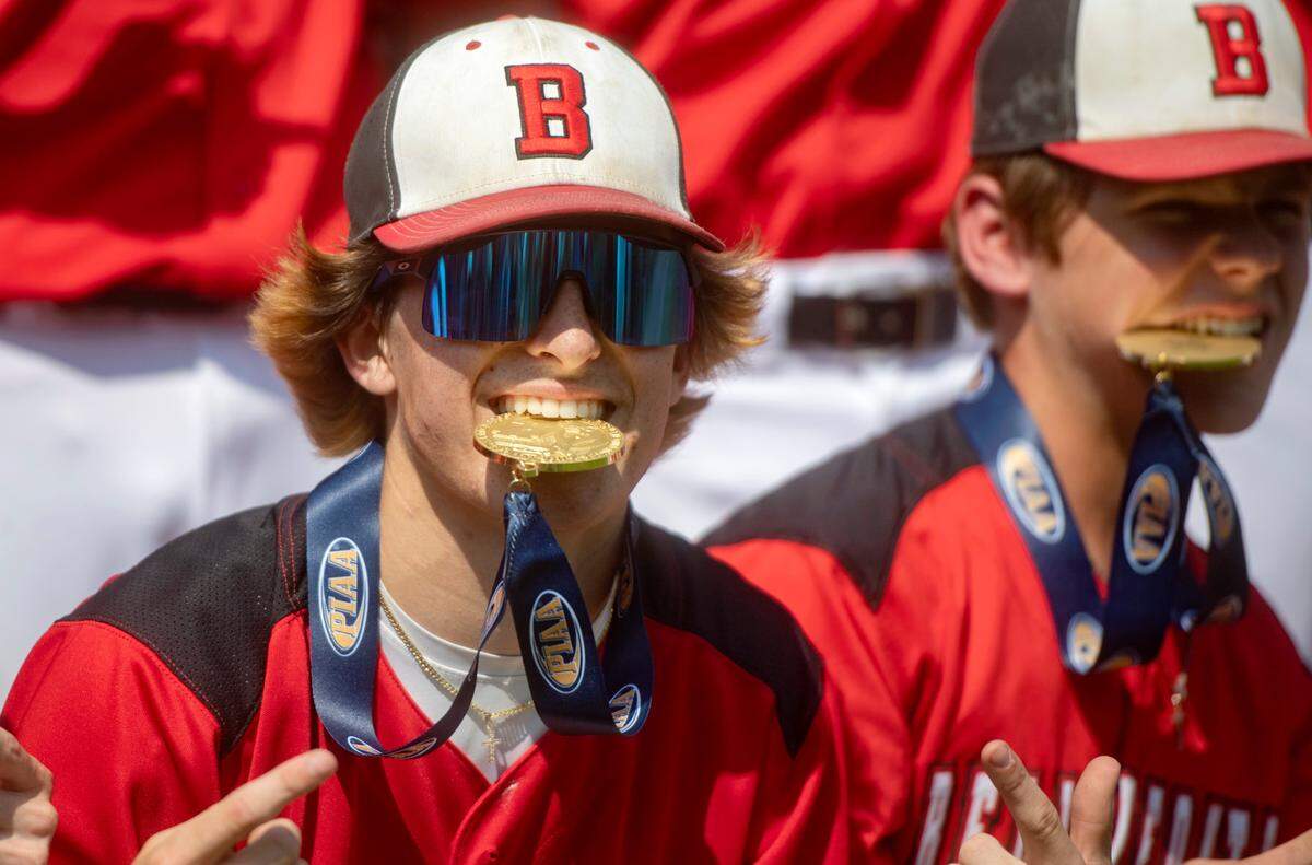 Bellefonte baseball celebrates their 7-1 win over Dallas to be the PIAA Class 4A champions at Medlar Field on Saturday, June 17, 2023.