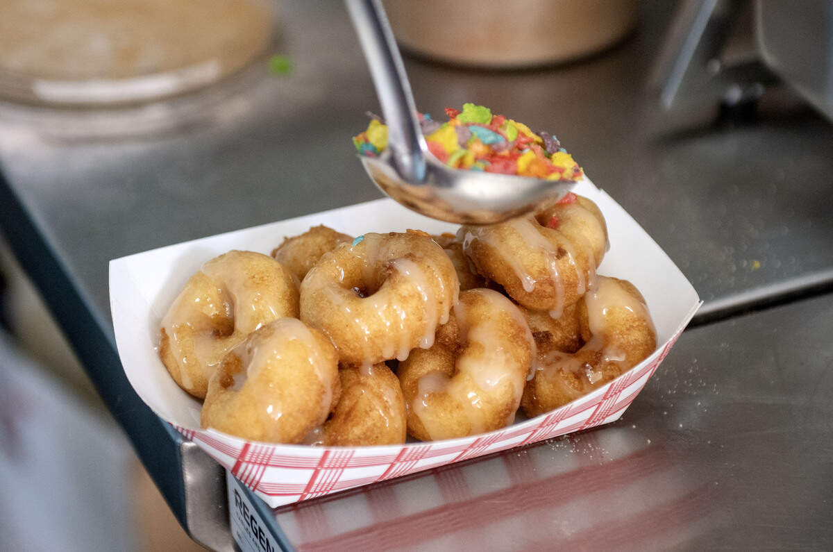 An order of fruity pebbles mini doughnuts from Snowcap Sweets: By Mountaintop Concessions.