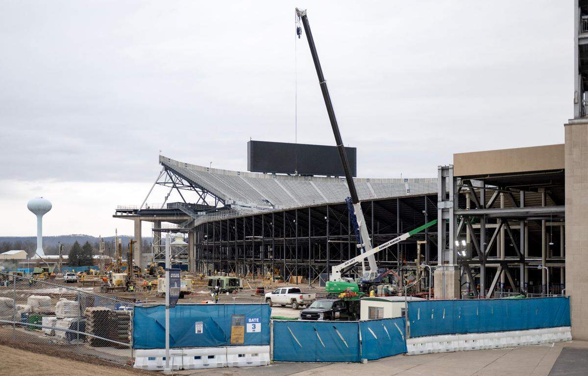 Construction crews work on the west side of Beaver Stadium on Tuesday, Feb. 25, 2025.