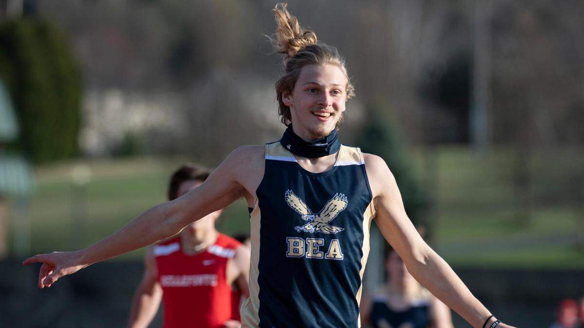 Bald Eagle Area’s Owen Irvin celebrates after winning the 200-meter dash during a track meet at Bellefonte High School on Tuesday, March 30, 2021.