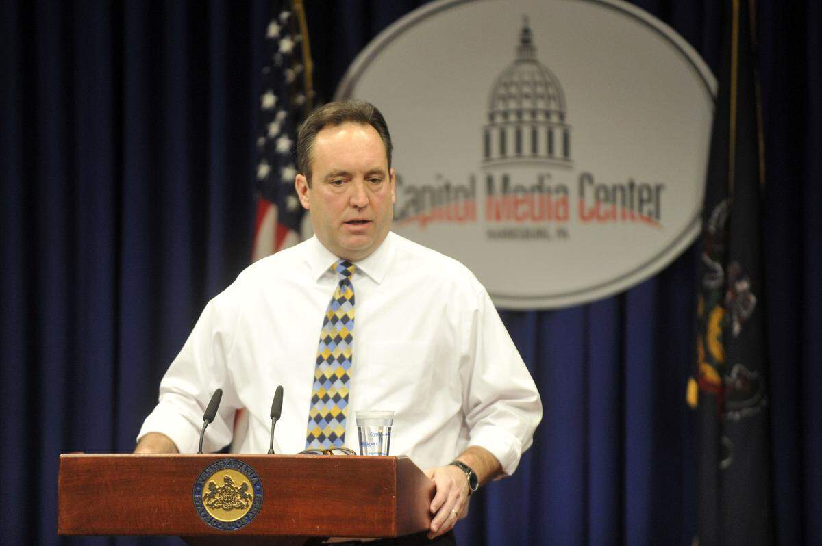 State Senate Majority Leader Jake Corman talks during a news conference in Harrisburg on Jan. 16, 2015, where he announced that he had reached a settlement with the NCAA to void all Penn State football sanctions.
