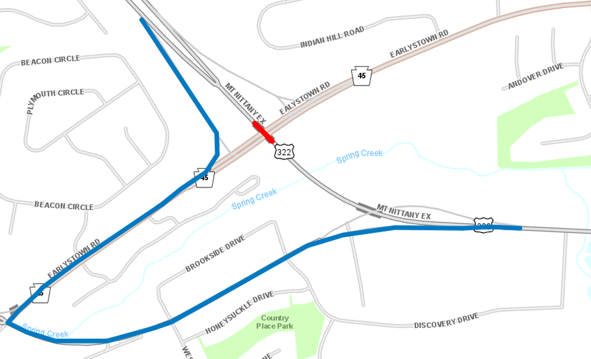 A closer look at the eastbound detour that will be in place Monday when crews work on eastbound lane of the Route 322 bridge that spans Route 45 in Harris Township.