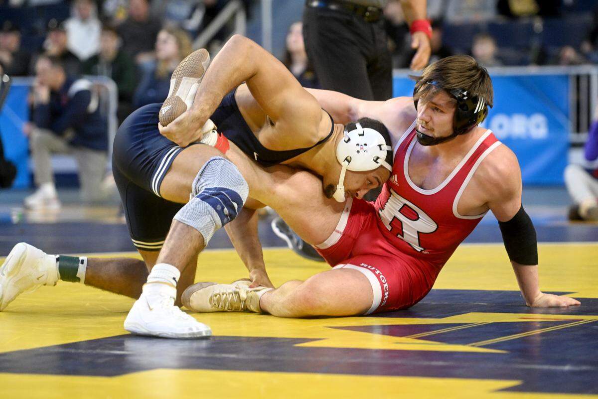 Penn State’s Aaron Brooks controls Rutgers’ Brian Soldano in a 184 lb quarterfinal bout of the Big Ten wrestling championships at the Crisler Arena in Ann Arbor Michigan on Saturday, March 4, 2023.