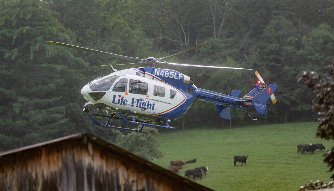 A patient is taken by the Life Flight helicopter from an incident in Union Township on Tuesday, Aug. 8, 2023.