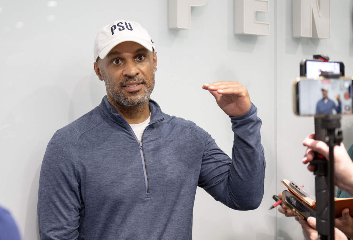 Penn State defensive coordinator D'Anton Lynn answers questions after a spring practice on Tuesday, April 14, 2026.