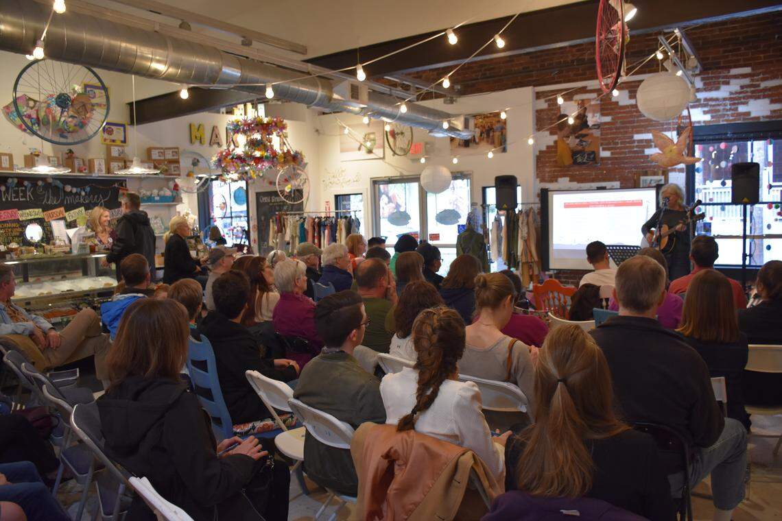 A crowd of about 40 attended the Beating Guns tour event at The Makery on Wednesday.