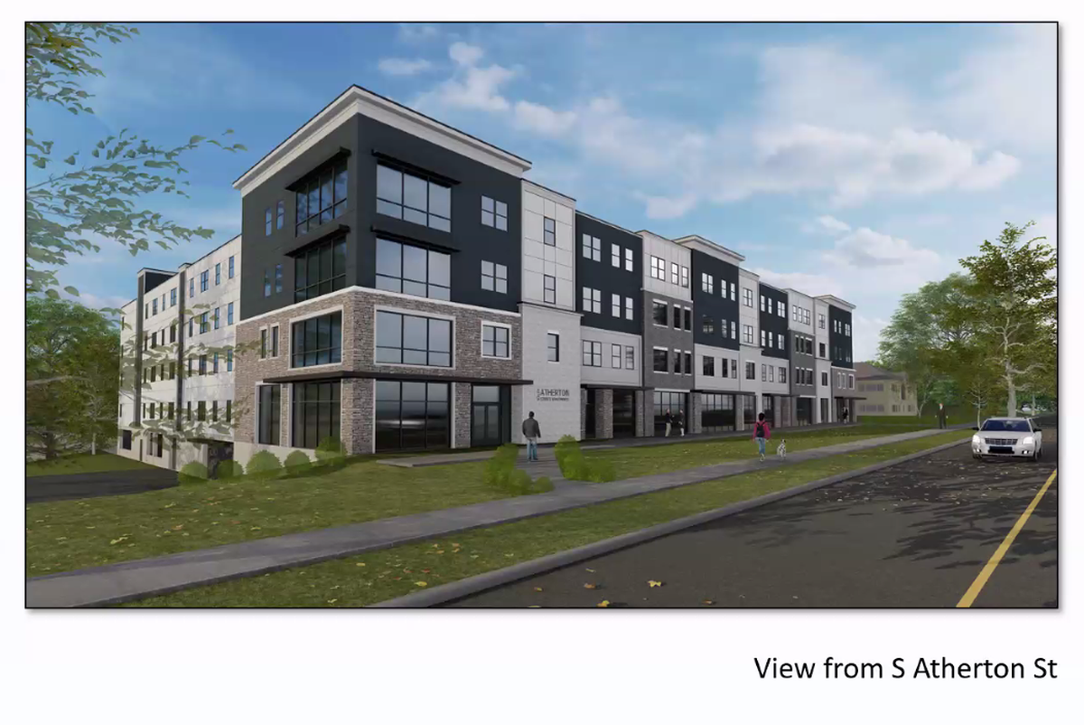 A 3D rendering shows the proposed four story apartment complex planned for 734 S. Atherton Street, State College.