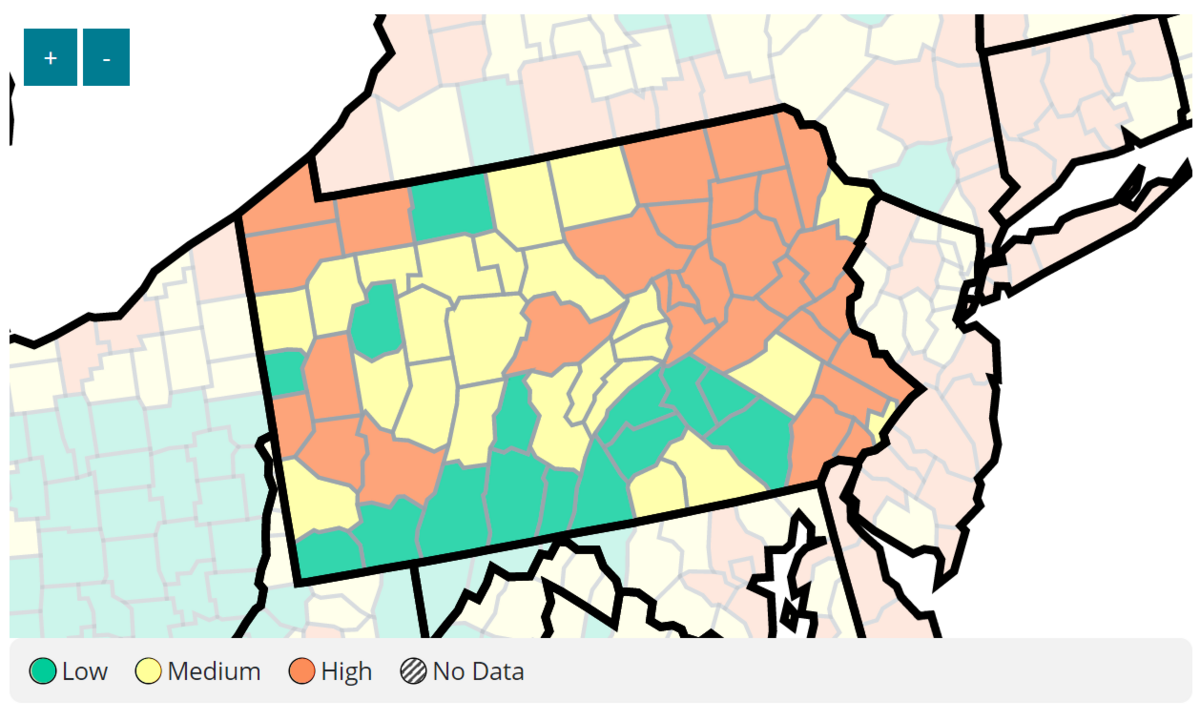 A screenshot of COVID-19 community levels in Pennsylvania as of May 27, 2022. 28 Pennsylvania counties have "high" community levels of COVID-19, with indoor masking strongly encouraged in those counties. The CDC’s community level scale is distinct from how it measure transmission. Its community level scale uses three indicators: (1) new COVID-19 cases per 100,000 population in the last 7 days; (2) new COVID-19 hospital admissions per 100,000 population in the last 7 days; and (3) percent of staffed inpatient beds occupied by patients with confirmed COVID-19 (7-day average).