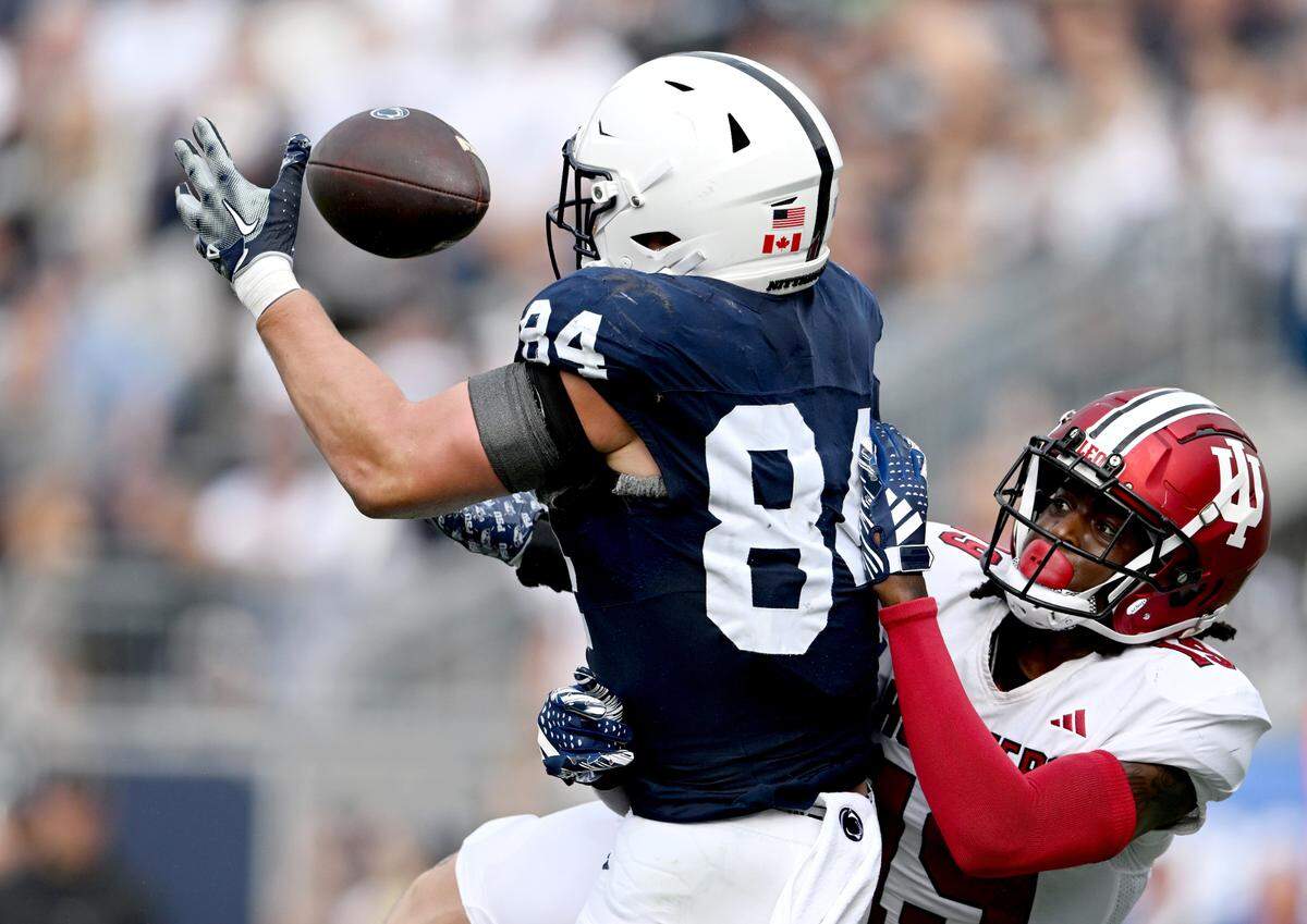 Indiana’s Josh Sanguinetti can’t stop Penn State tight end Theo Johnson as he makes a catch for a touchdown during the game on Saturday, Oct. 28, 2023.