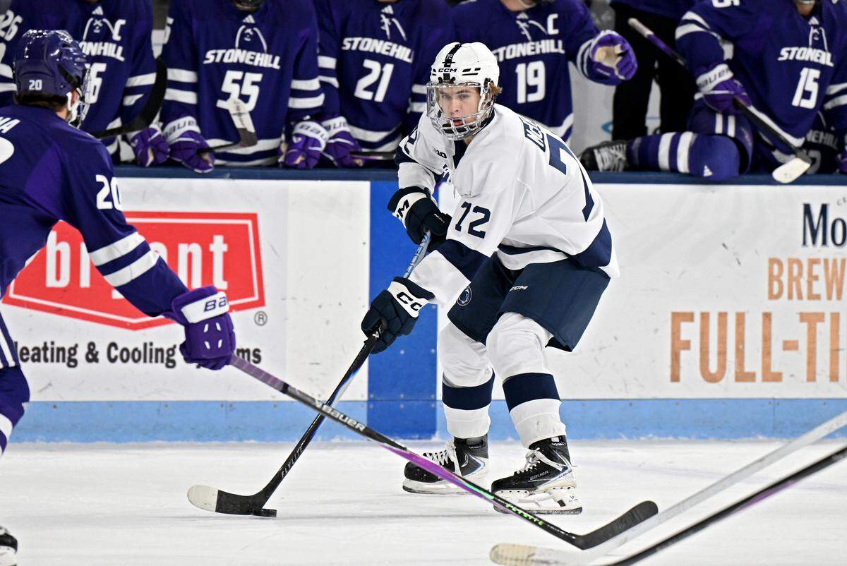 Penn State's Gavin McKenna skates down the ice with the puck during the game against Stonehill on Friday, Oct. 24, 2025.  