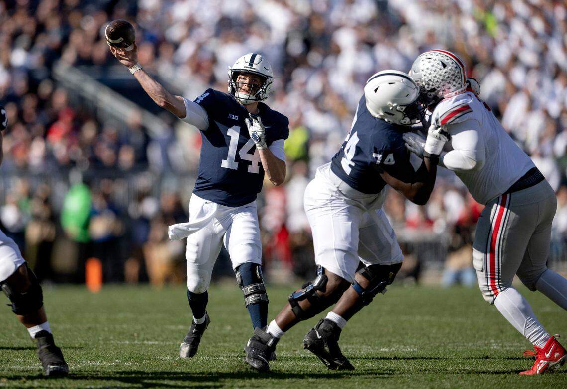 Penn State quarterback Sean Clifford makes a pass for a touchdown during the game against Ohio State on Saturday, Oct. 29, 2022.