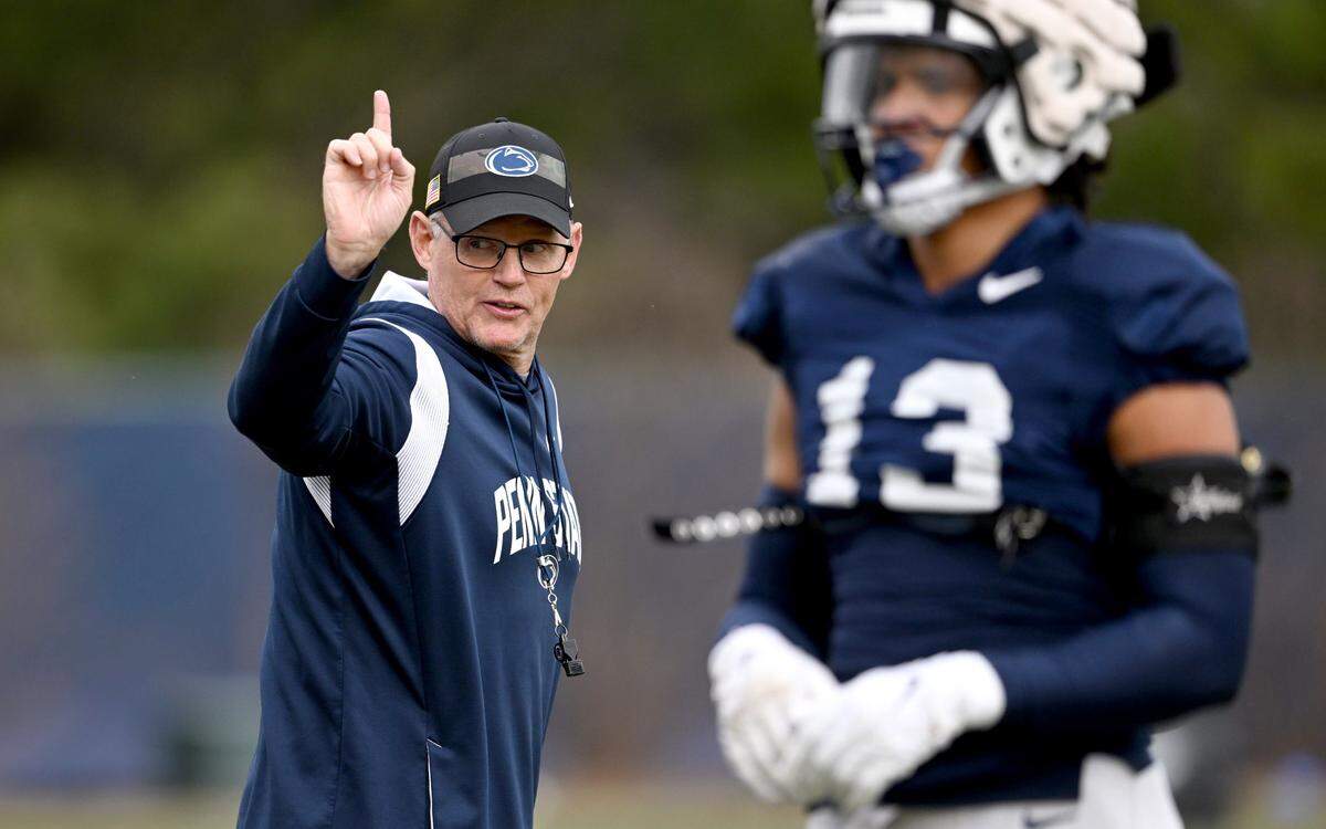Penn State defensive coordinator Tom Allen instructs his players during a drill at spring practice on Tuesday, March 26, 2024.