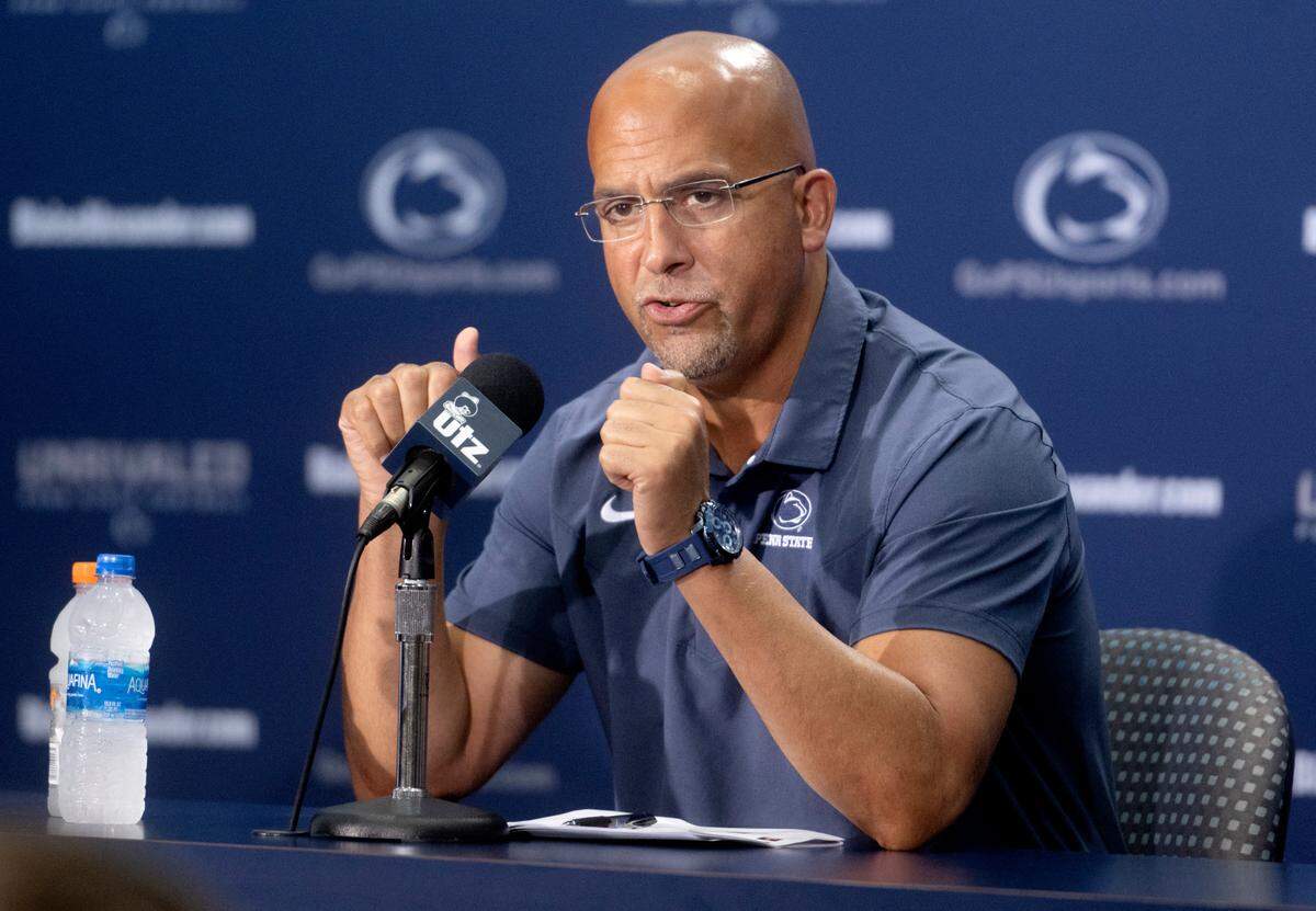 Penn State football coach James Franklin answers questions during media day on Saturday, Aug. 6, 2022.