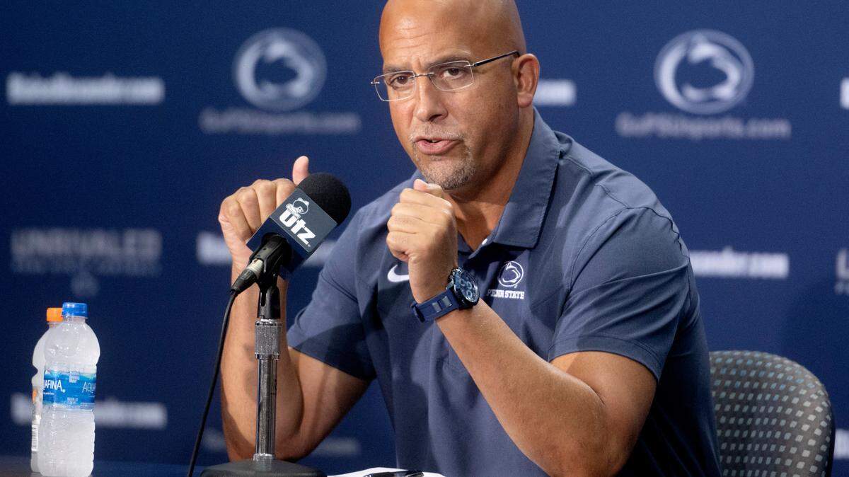 Penn State football coach James Franklin answers questions during media day on Saturday, Aug. 6, 2022.