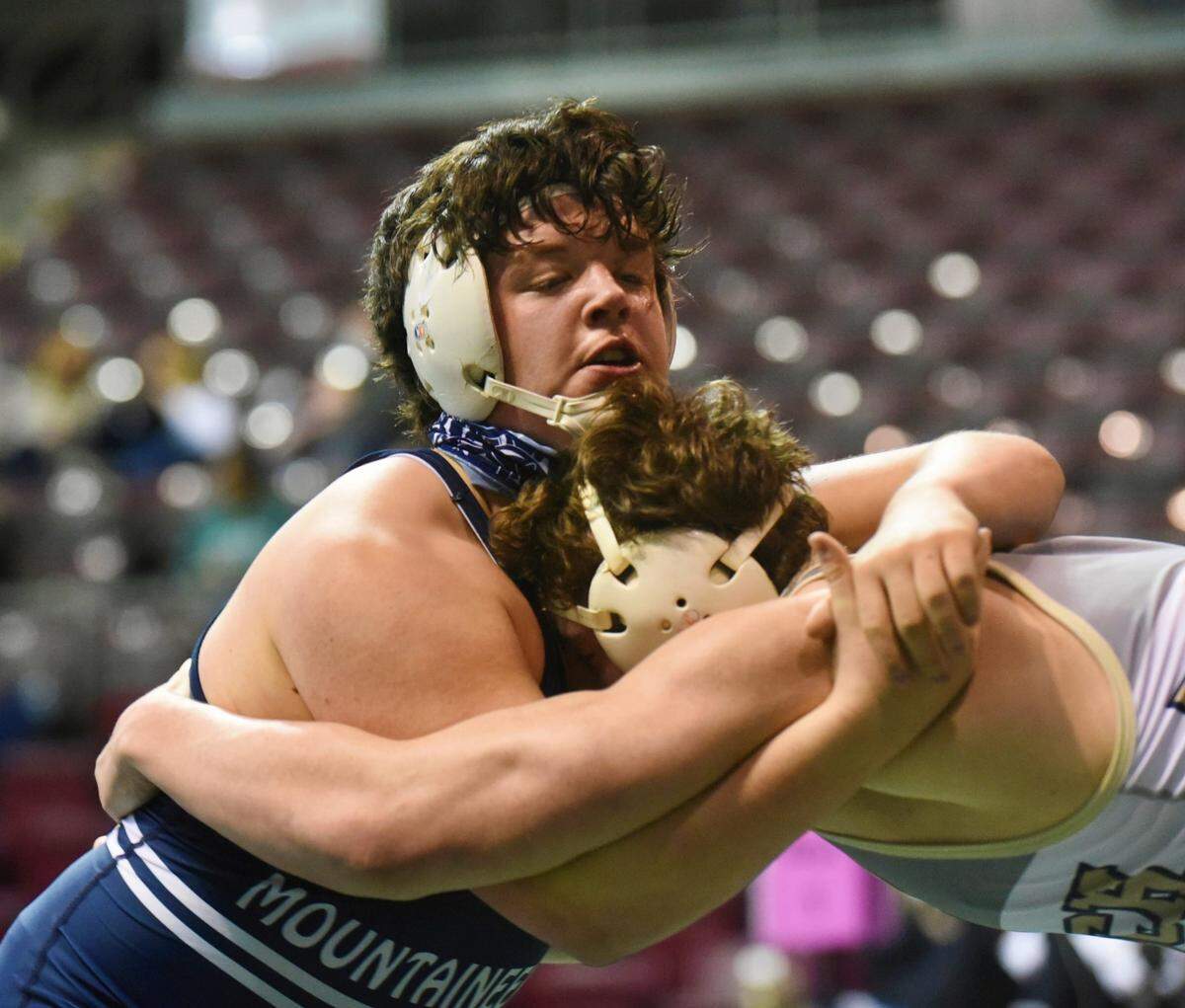 Philipsburg-Osecola’s Parker Moore controls Knoch’s Eli Reese in their 215-pound consolation finals match during the PIAA Class 2A Southwest Regional tournament on Saturday at Indiana University of Pennsylvania. Reese edged Moore 5-3 in sudden victory to send Moore to a fourth-place finish.