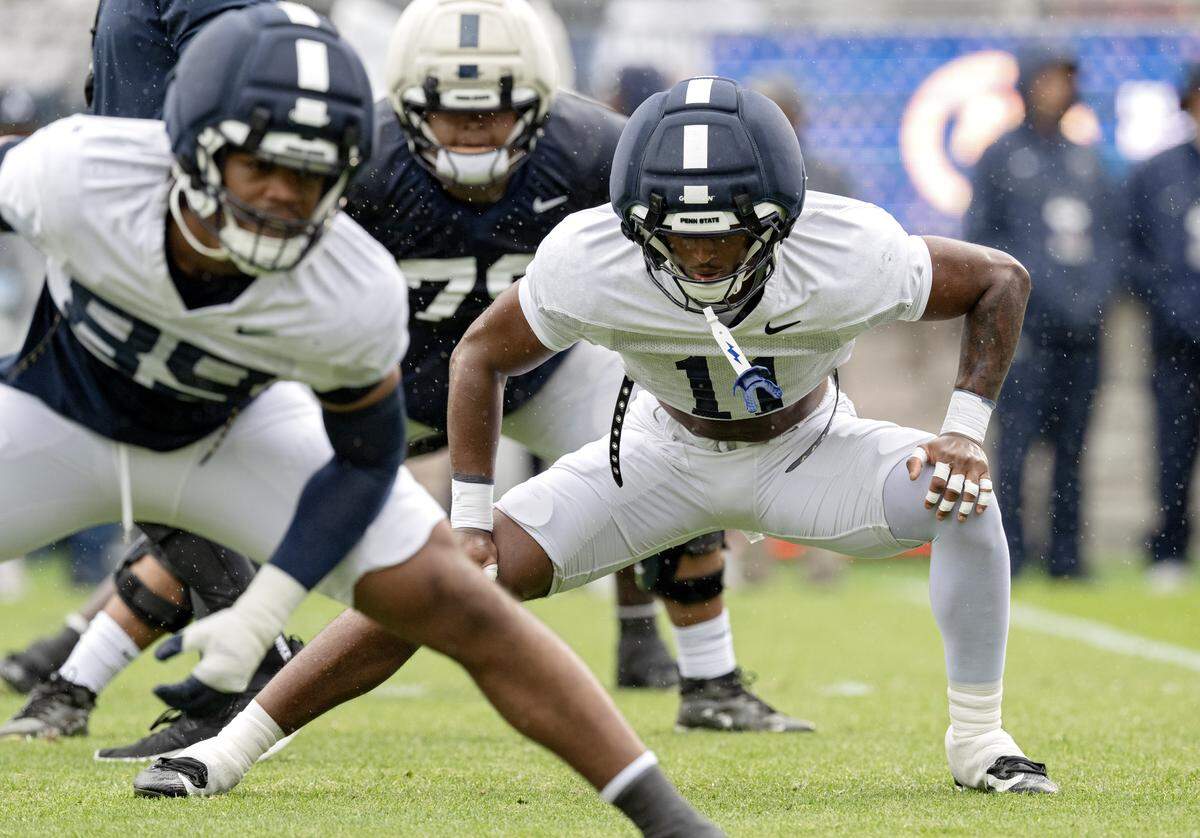 Penn State linebacker LaVar Arrington II stretches for the Blue-White Practice on Saturday, April 25, 2026.  