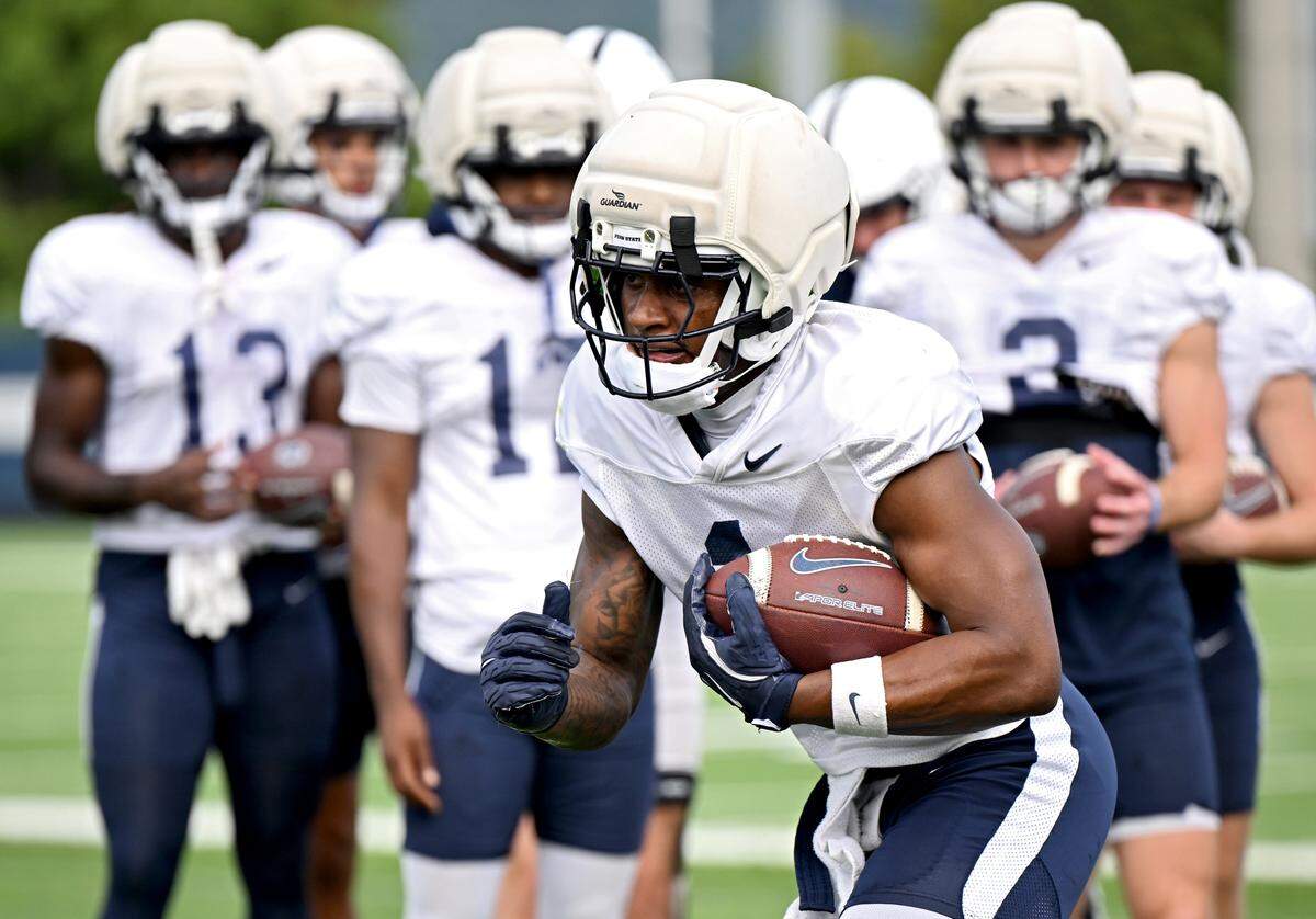 Penn State wide receiver Kyron Hudson runs a drill during practice on Wednesday, Sept. 10, 2025.  