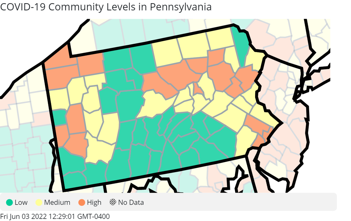 A snapshot from the CDC revealing a county-by-county look at Community Levels of COVID-19. The CDC defines “Community Level” using three factors. They include (1) new COVID-19 cases per 100,000 population in the last 7 days; (2) new COVID-19 hospital admissions per 100,000 population in the last 7 days; and (3) percent of staffed inpatient beds occupied by patients with confirmed COVID-19 (7-day average). In other words, how quickly COVID-19 is spreading locally balanced against the impact it's having on a community's health care infrastructure. The Pennsylvania map here shows a more mixed picture with counties falling into either the low, medium or high Community Levels. 