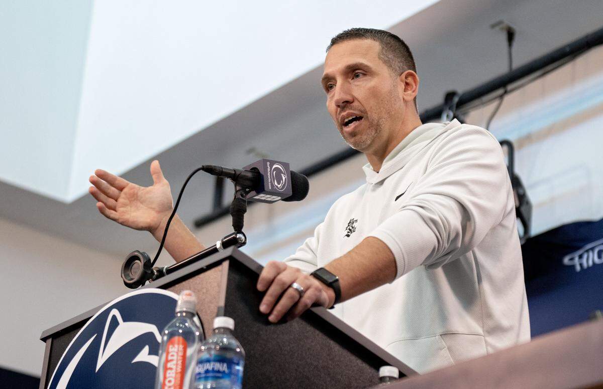 Penn State football coach Matt Campbell answers questions during a press conference on Wednesday, Feb. 4, 2026.  