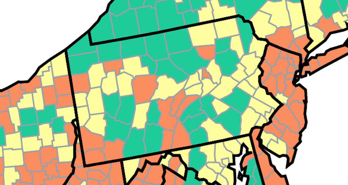 This map of Pennsylvania from the U.S. Centers for Disease Control and Prevention shows COVID-19 community levels by county. Orange counties are at high, yellow at medium and green are at low.