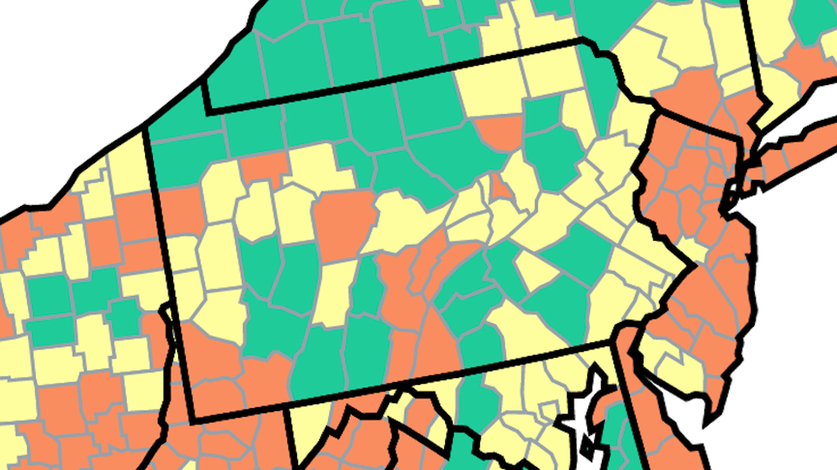 This map of Pennsylvania from the U.S. Centers for Disease Control and Prevention shows COVID-19 community levels by county. Orange counties are at high, yellow at medium and green are at low.