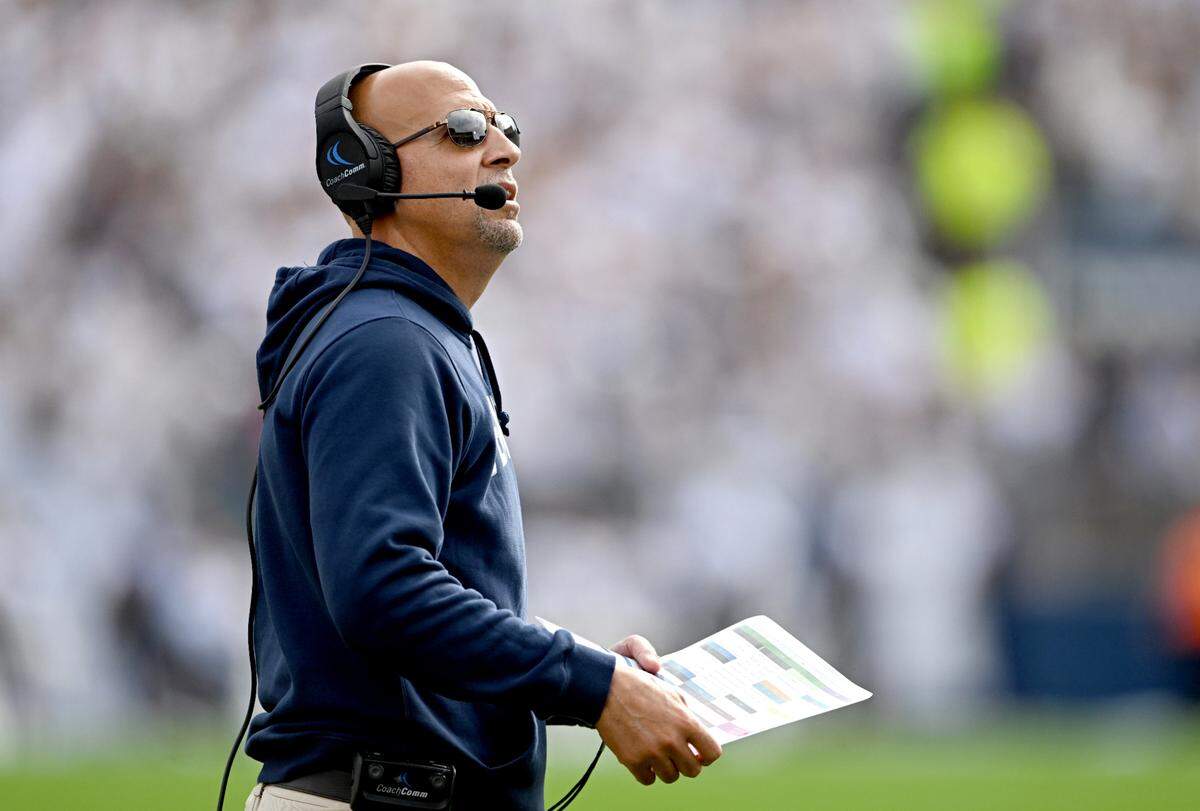 Penn State football coach James Franklin looks to the replay board during the game against Indiana on Saturday, Oct. 28, 2023.