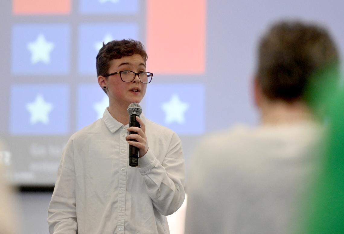 Phiilipsburg-Osceola middle schooler Starlyn Gearhart answers questions from the judges during the final round of the Centre County’s 2023 National Civics Bee on Monday at the Eric J. Barron Innovation Hub.