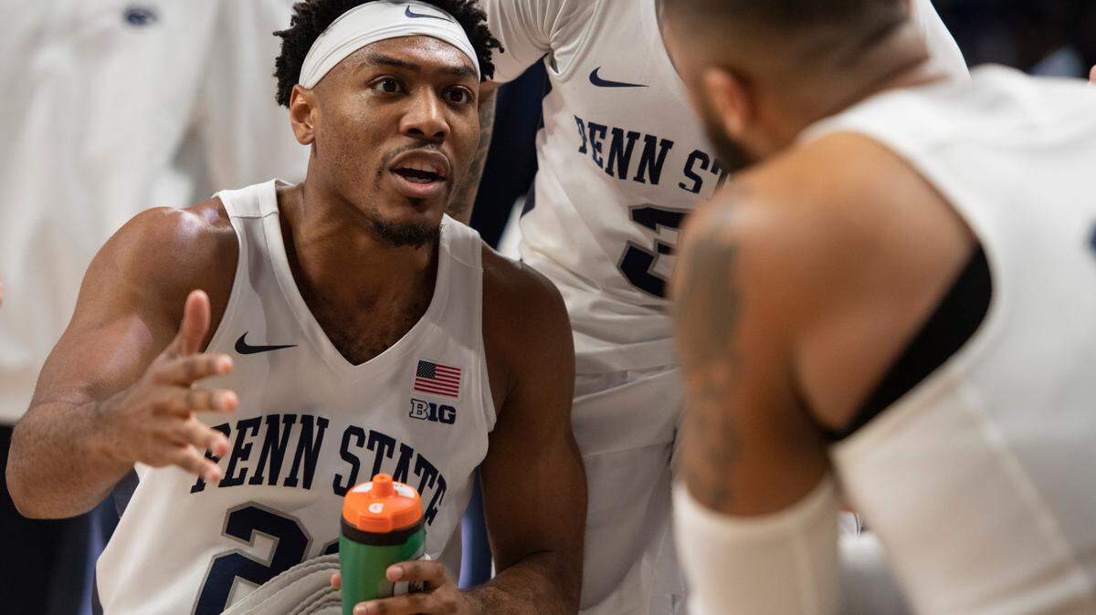 Penn State guard Jalen Pickett (22) talks with Penn State guard Myles Dread (2) during a time out during a NCAA basketball game featuring Penn State and Northwestern at the Bryce Jordan Center on Friday, Feb. 25, 2022 in University Park, Pa.