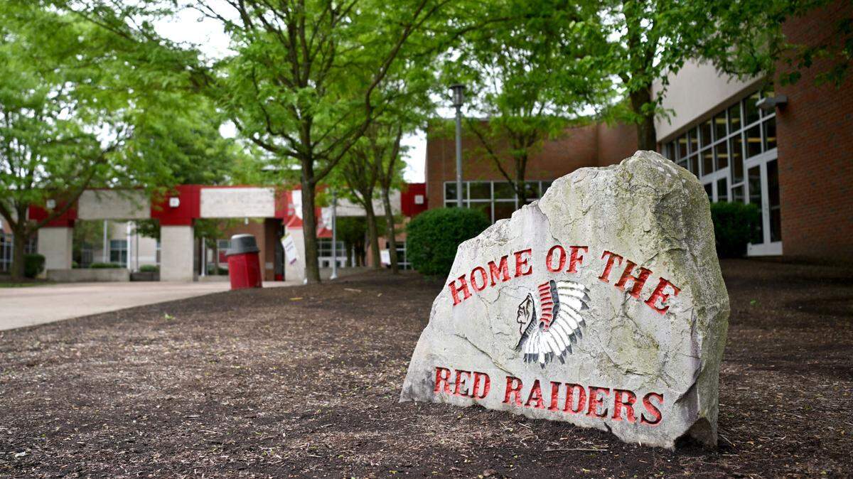 A rock outside of Bellefonte High School says “Home of the Red Raiders” on May 15, 2024.