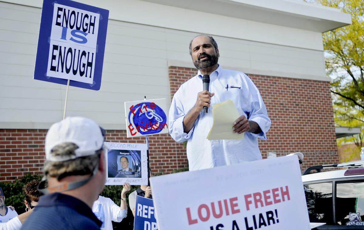 Harris addresses the crowd during the “March 4 Truth” protest outside of the Penn Stater Hotel and Conference Center as the Penn State board of trustees meets inside in 2013.