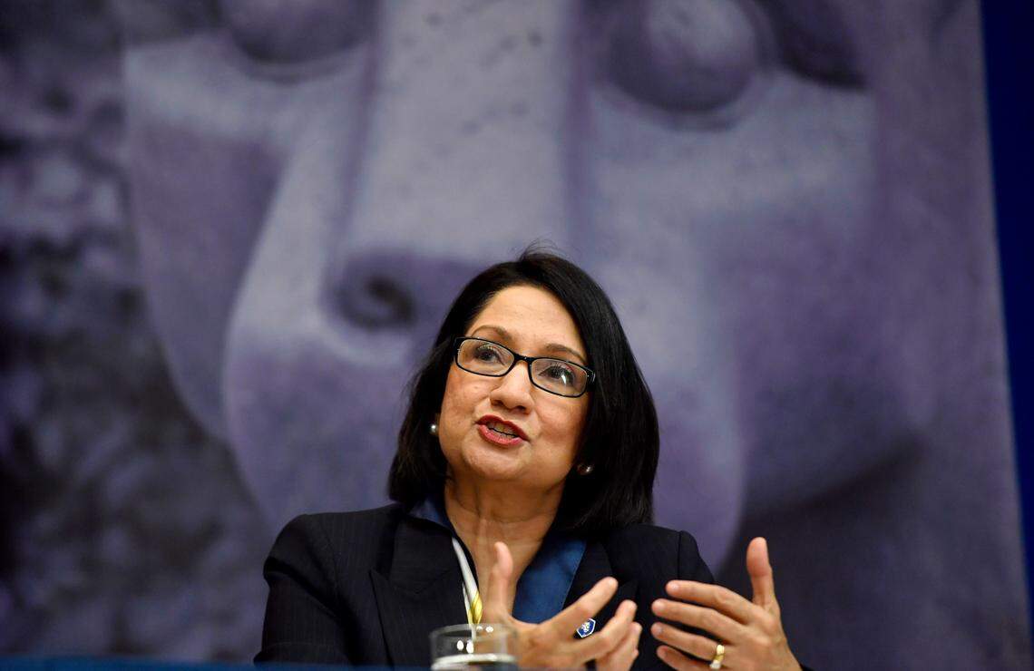 Neeli Bendapudi speaks during a press conference Thursday after being named the next Penn State president.