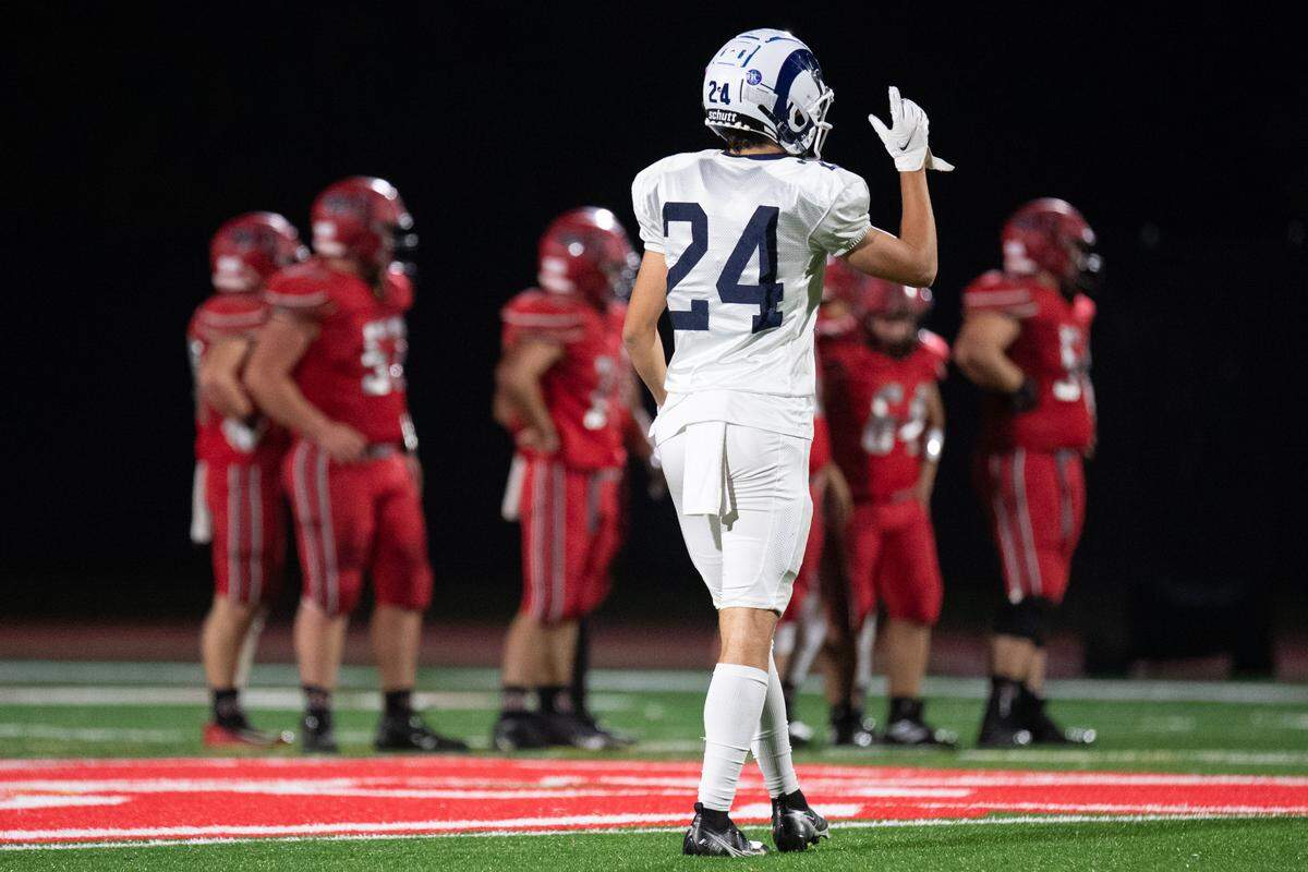 Penns Valley’s Stephen Ripka (24) speaks to his team before a play during game against Bellefonte on Friday, Oct. 2, 2020 in Bellefonte, Pa.