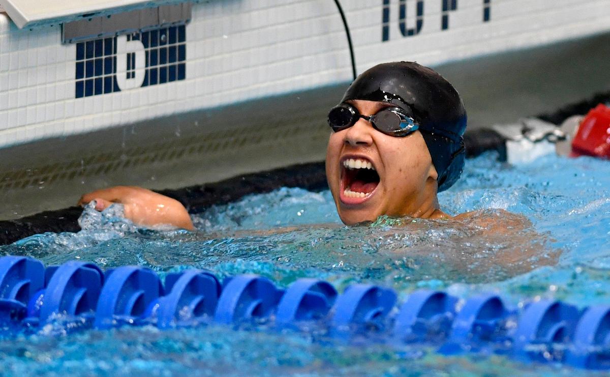 Bald Eagle Area’s Alaina Cane celebrates finishing in third with a time of 25.72 in the girls AA 50 yard freestyle during the District 6 swimming championships on Friday, Feb. 28, 2020.