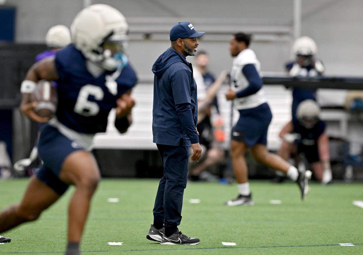 Penn State cornerbacks coach Terry Smith watches players run a drill during spring practice on Thursday, March 26, 2026.  