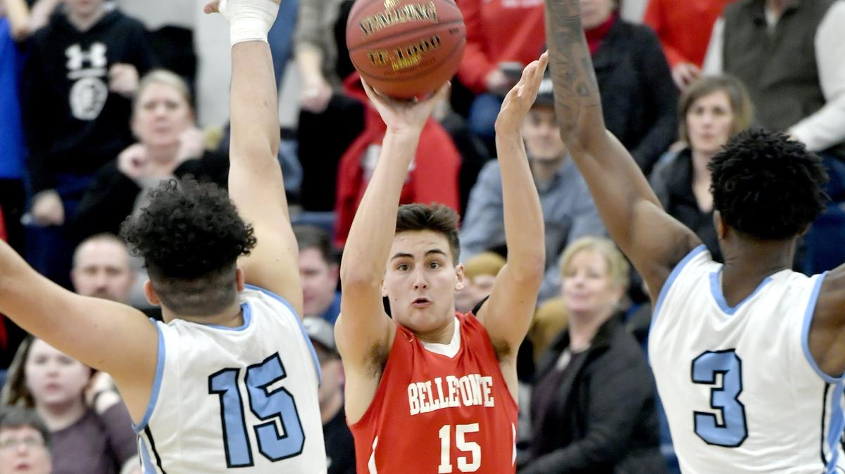 Bellefonte’s Benjamin McCartney gets a three pointer to force overtime against Greater Johnston during the District 6 5A championship game at Penn State Altoona on Monday, Feb. 25, 2019.