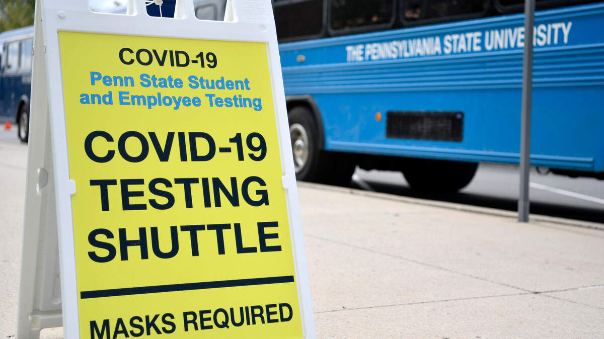 A shuttle to the coronavirus testing site was set up Thursday outside of the Bryce Jordan Center, where students could pick up their dorm keys for move-in weekend.
