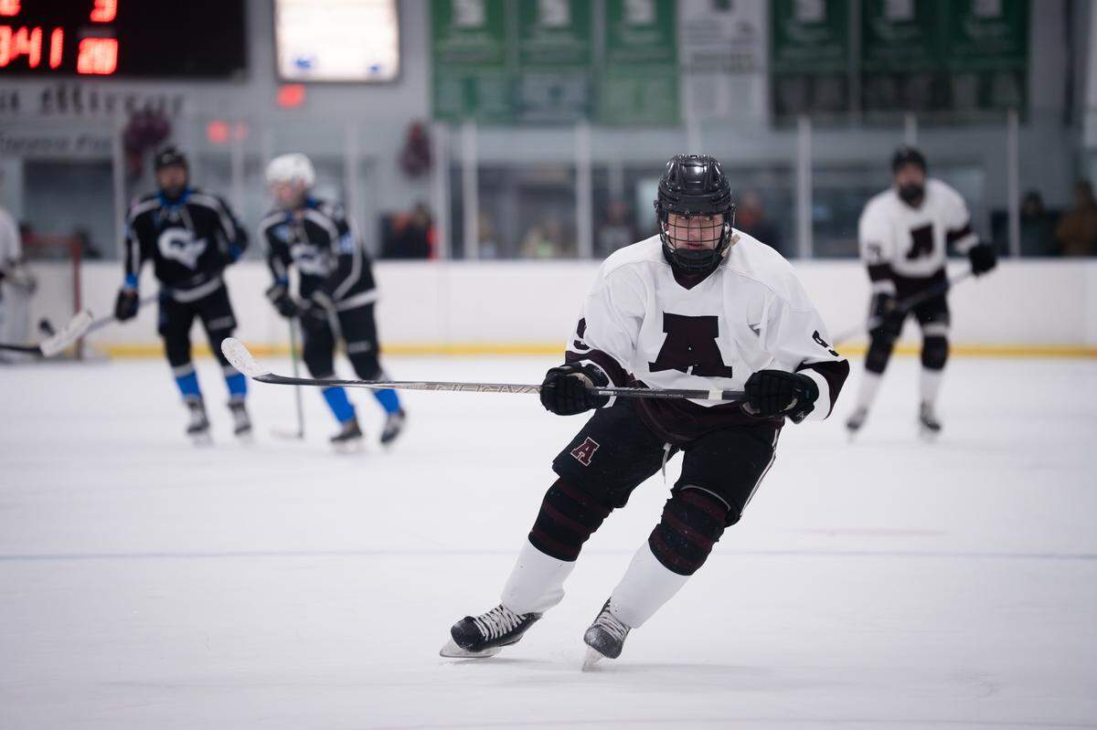 Altoona’s Carter Panick skates down the ice during a game against Conemaugh Valley in Altoona, Pa., on Tuesday, Feb. 24, 2026. The Blue Jays defeated the Marauders 7-2.