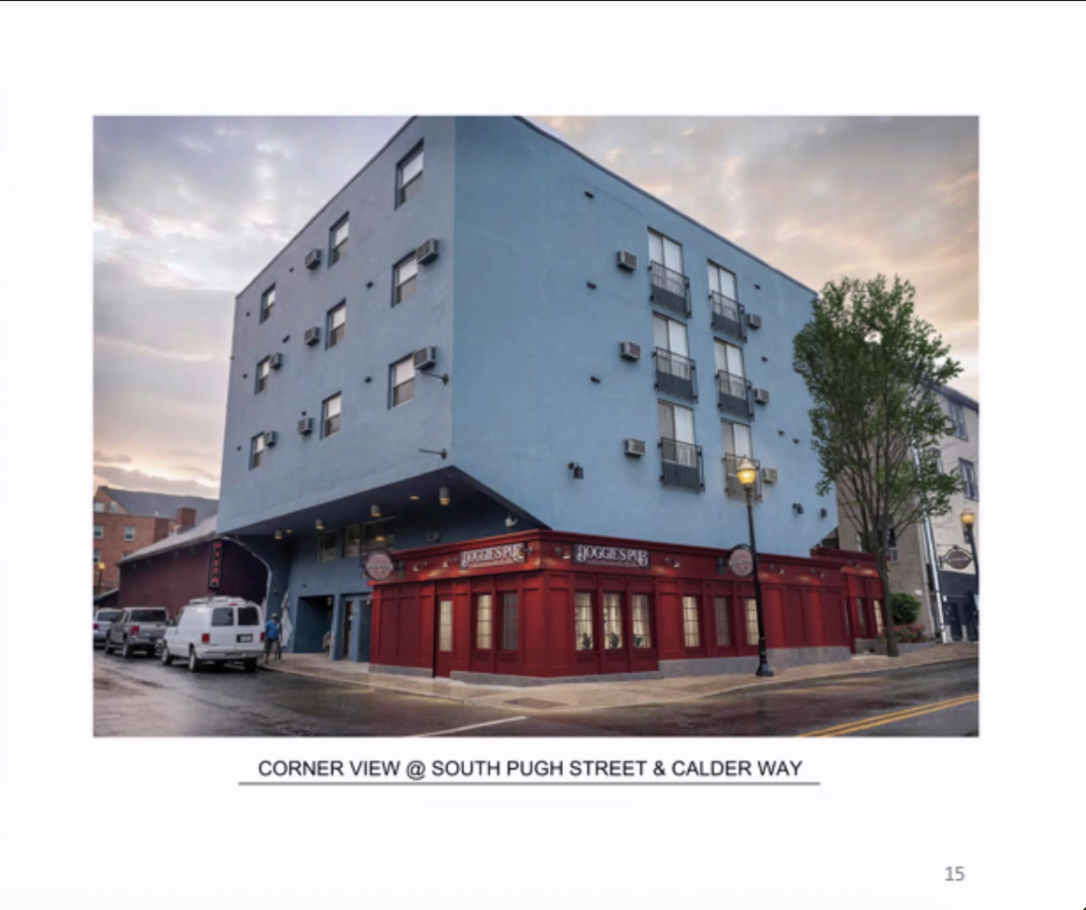 A rendering from South Pugh Street and Calder Way of the planned expansion of Doggie’s Pub in downtown State College was shown during a State College Planning Commission meeting on Oct. 23.